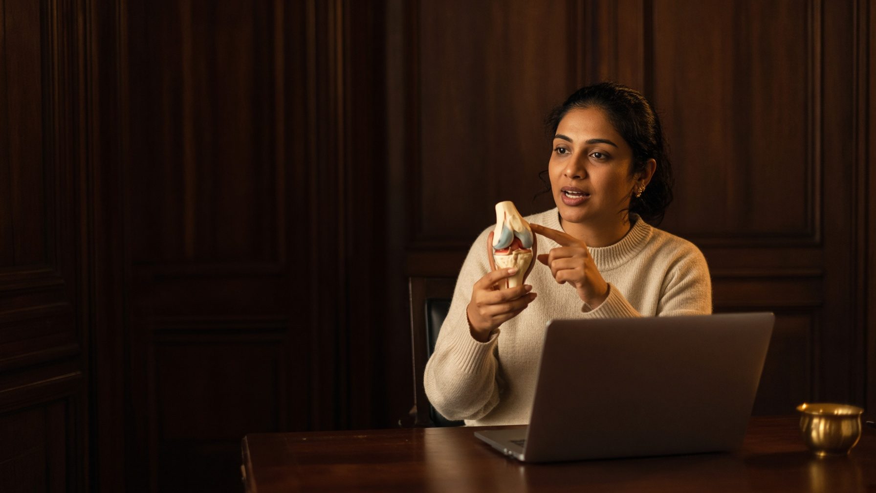 A medical graduate holds an anatomical knee model up to her laptop and points to it during a video tutoring session at a walnut desk.