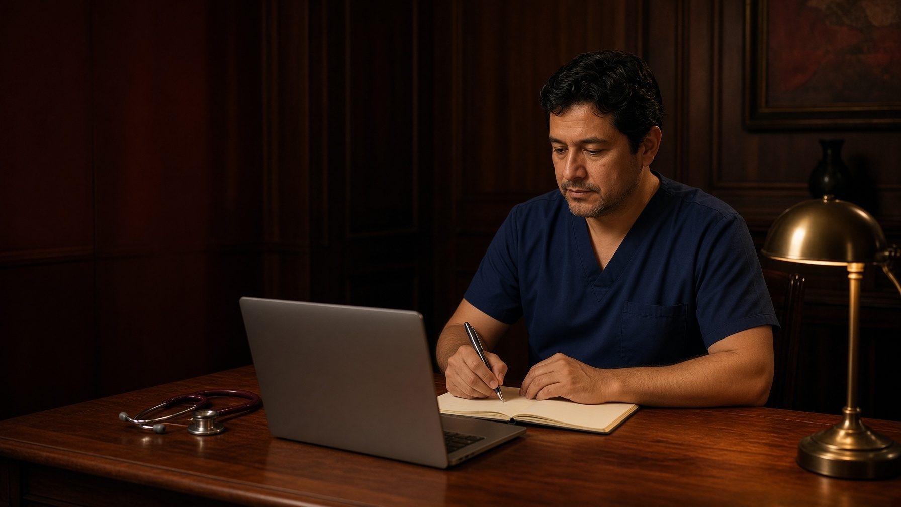 A nurse practitioner in navy scrubs writes notes at a walnut desk while following an online course on a laptop, a stethoscope and a brass lamp beside him.